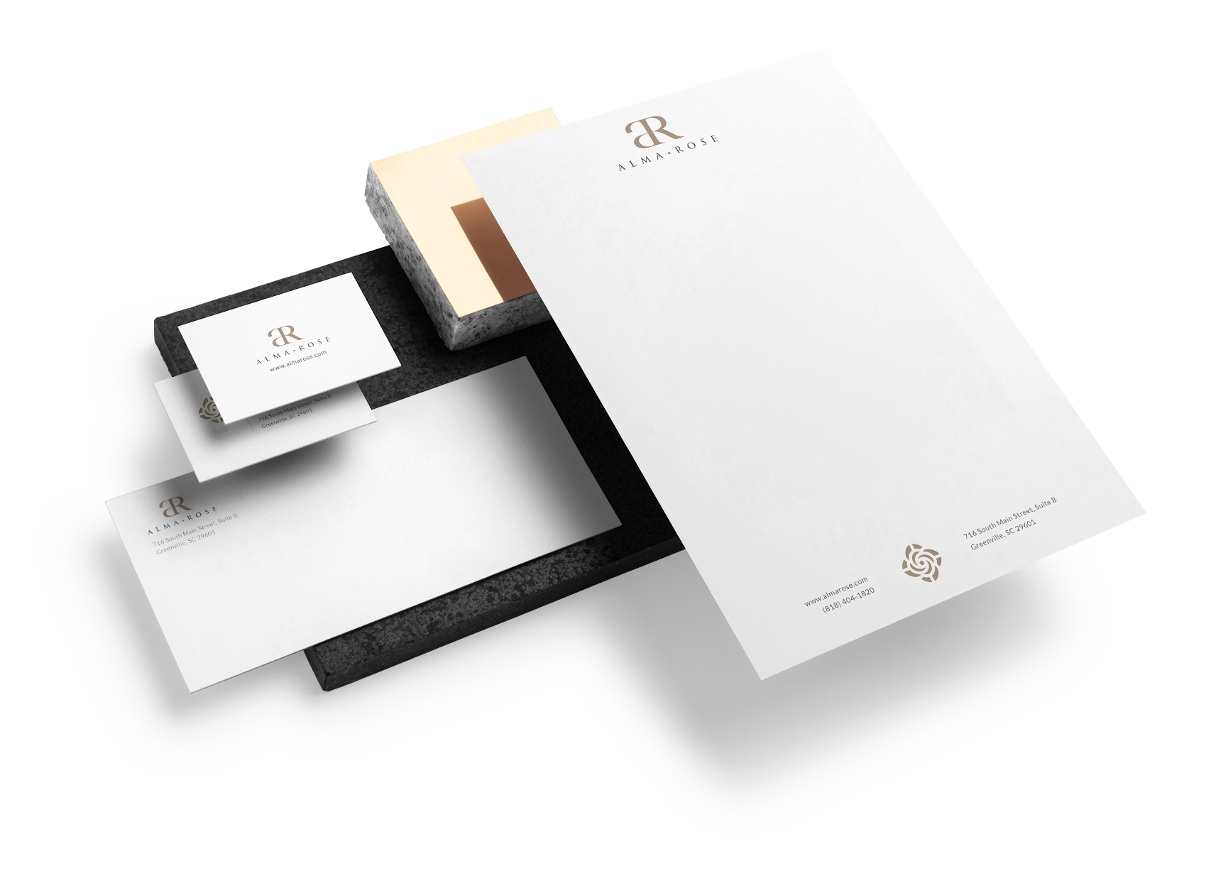 Branded stationery design for a medical aesthetics practice by Urge Interactive, created to reflect a professional, luxurious, and trustworthy brand image