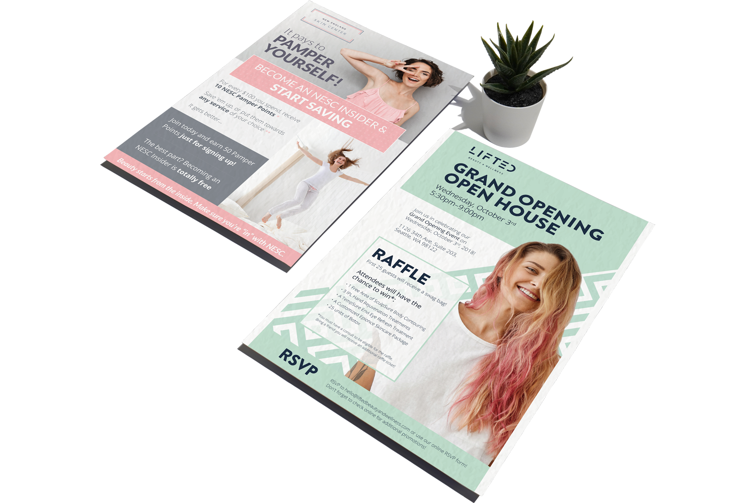 Custom flyer designs by Urge Interactive for medspa promotions and event marketing, showcasing creative brand design and aesthetic marketing visuals