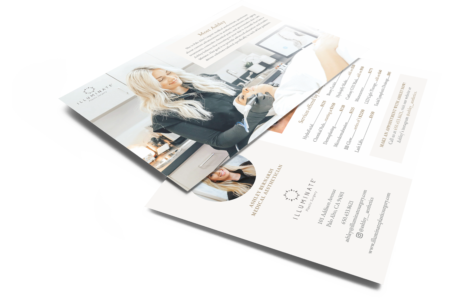 “Custom service menu design for Illuminate Plastic Surgery by Urge Interactive, featuring clean branding, modern typography, and aesthetic-focused layout for medical marketing