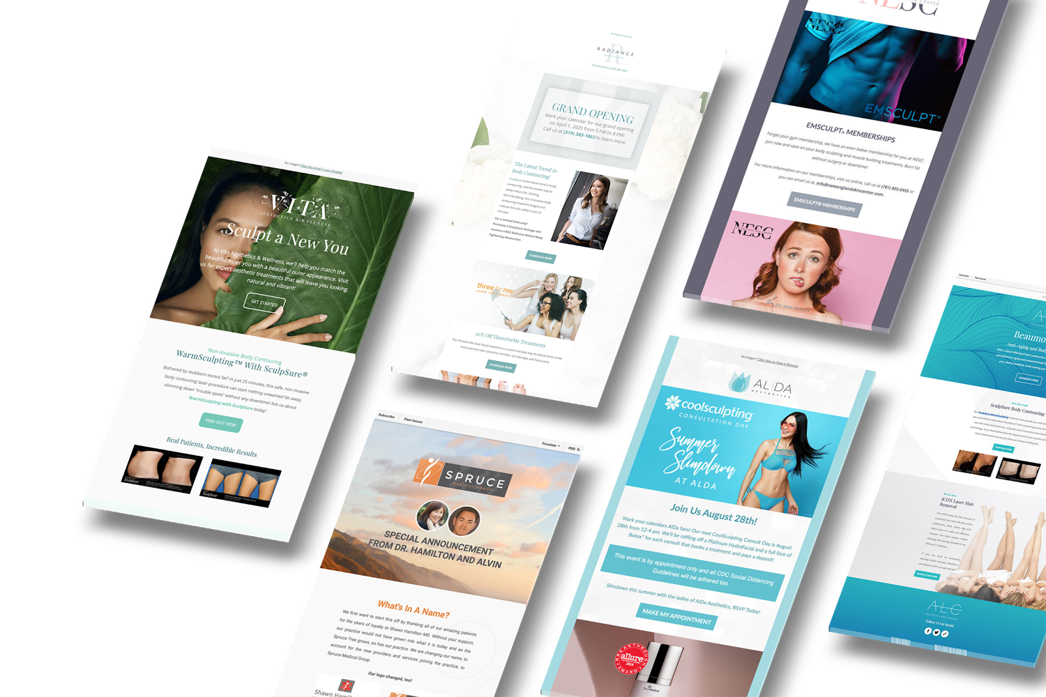 Responsive email campaigns and branded newsletters designed for aesthetic and medical clients, demonstrating our expertise in digital marketing and conversion design