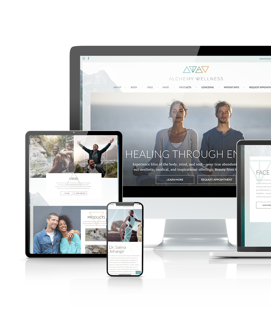 Responsive website design for Alchemy Wellness displayed on desktop, tablet, and mobile devices — showcasing our agency’s custom web development and modern UI design work.