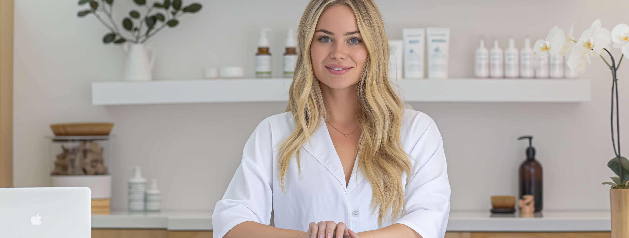 Smiling female skincare professional in a white coat standing at a clinic reception with skincare products in the background