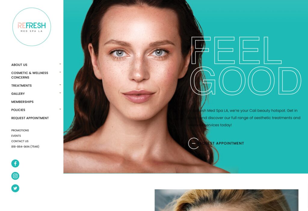 The hero section of Refresh Med Spa LA's website