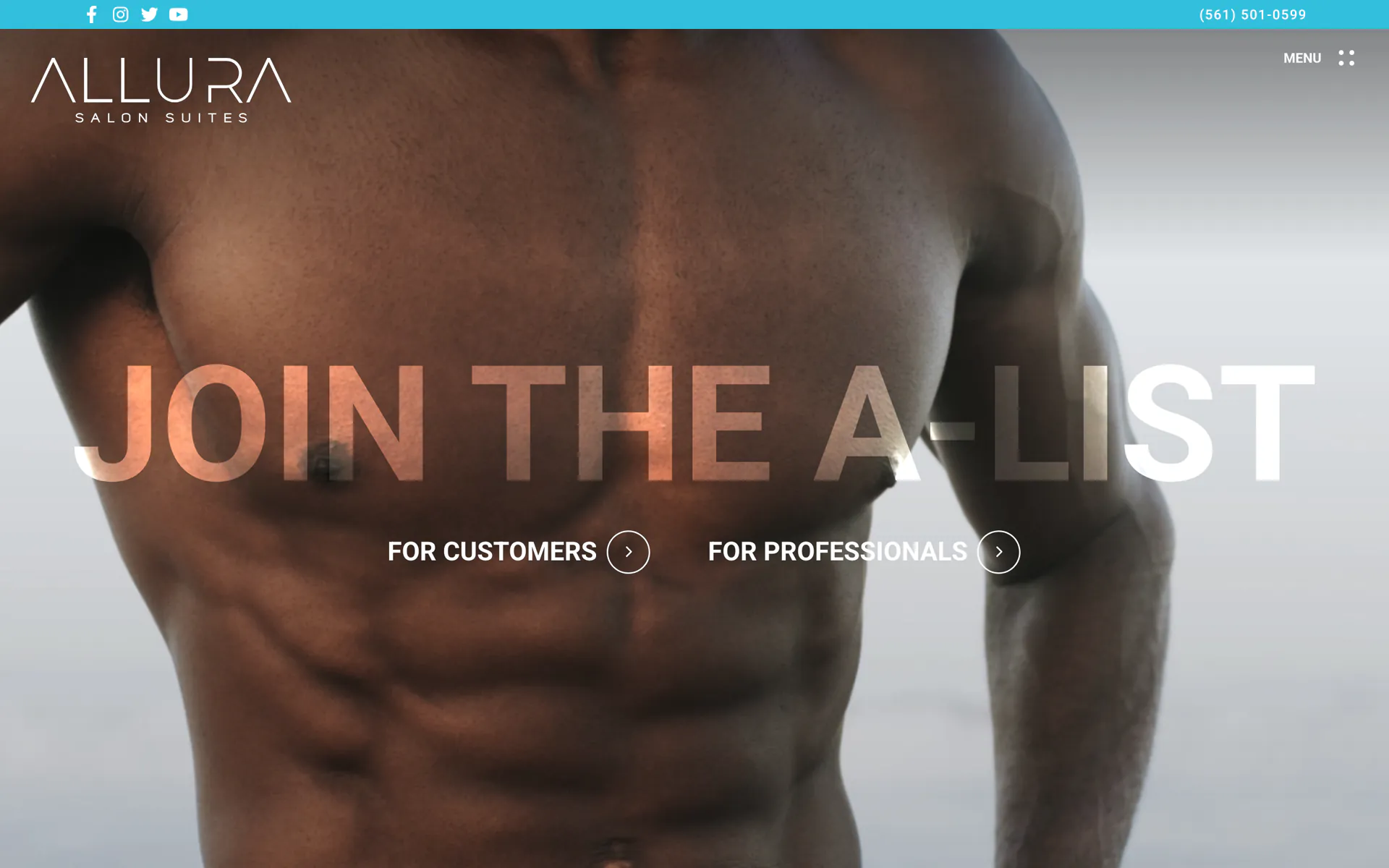 The Allura Salon Suites homepage: Join the A-List over a stylist portrait.