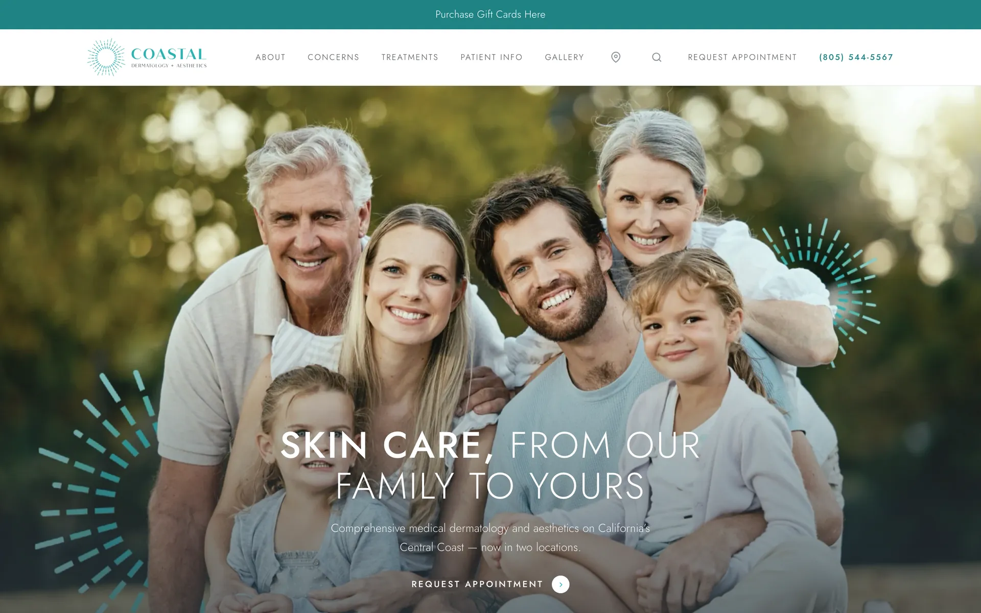 The Coastal Dermatology + Aesthetics homepage: a family portrait under the headline Skin care, from our family to yours.