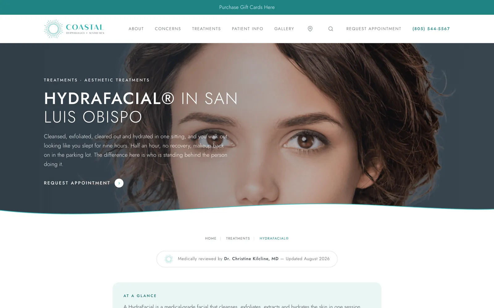 The HydraFacial treatment page: a close portrait beside the page title and a short, plain description.
