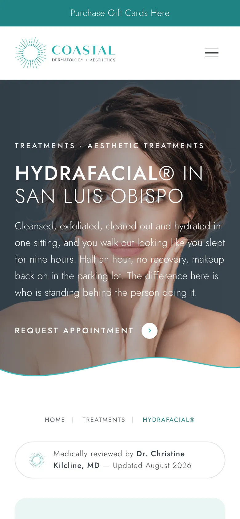 The HydraFacial page on a phone.