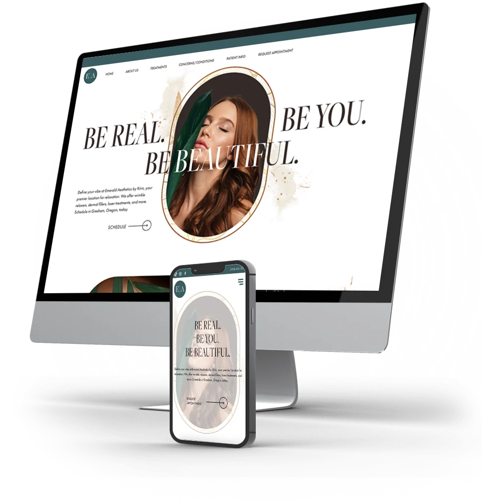 The Emerald Aesthetics homepage on a desktop screen with the phone version beside it.
