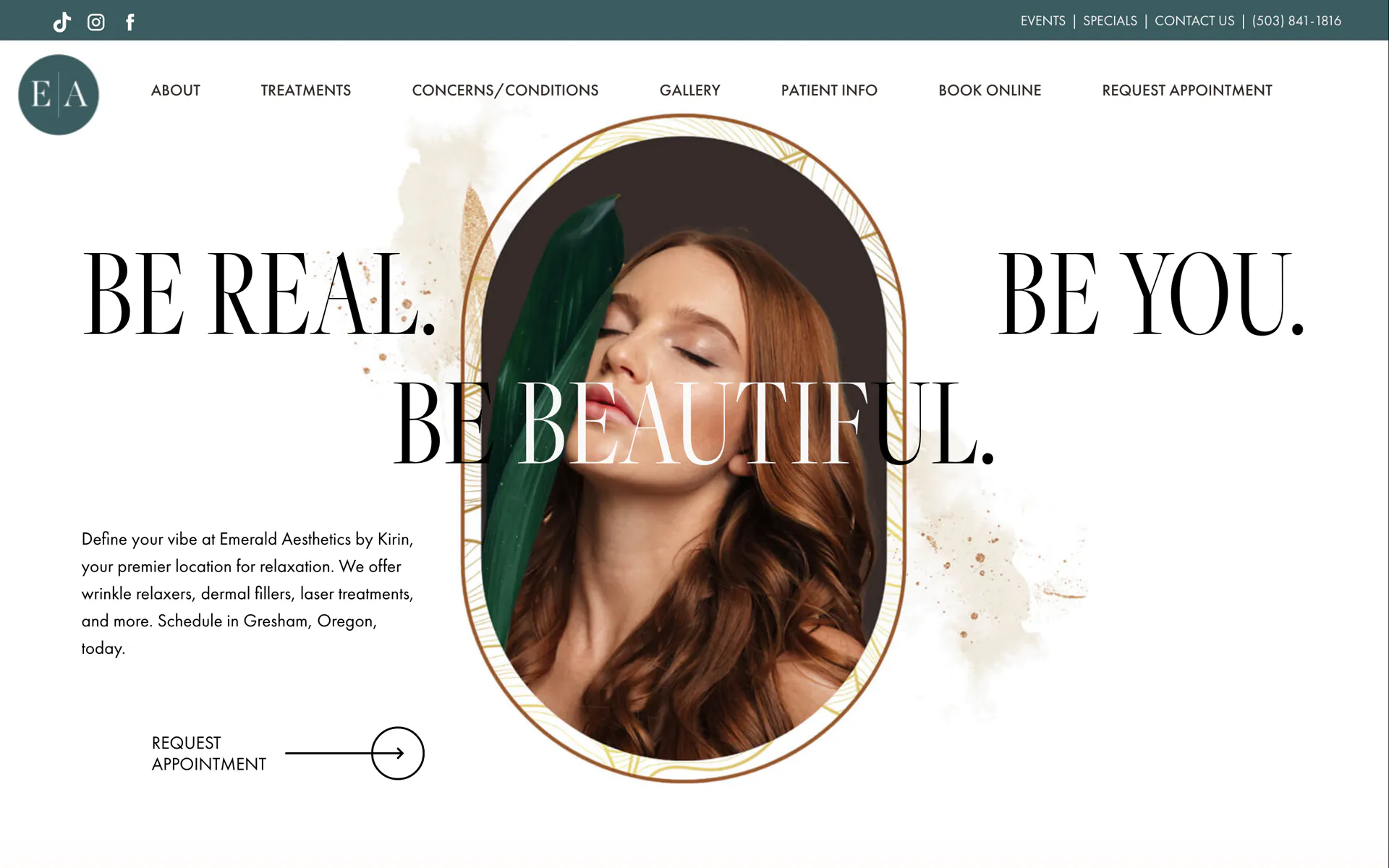 The Emerald Aesthetics homepage: Be Real. Be Beautiful. Be You. beside a portrait.