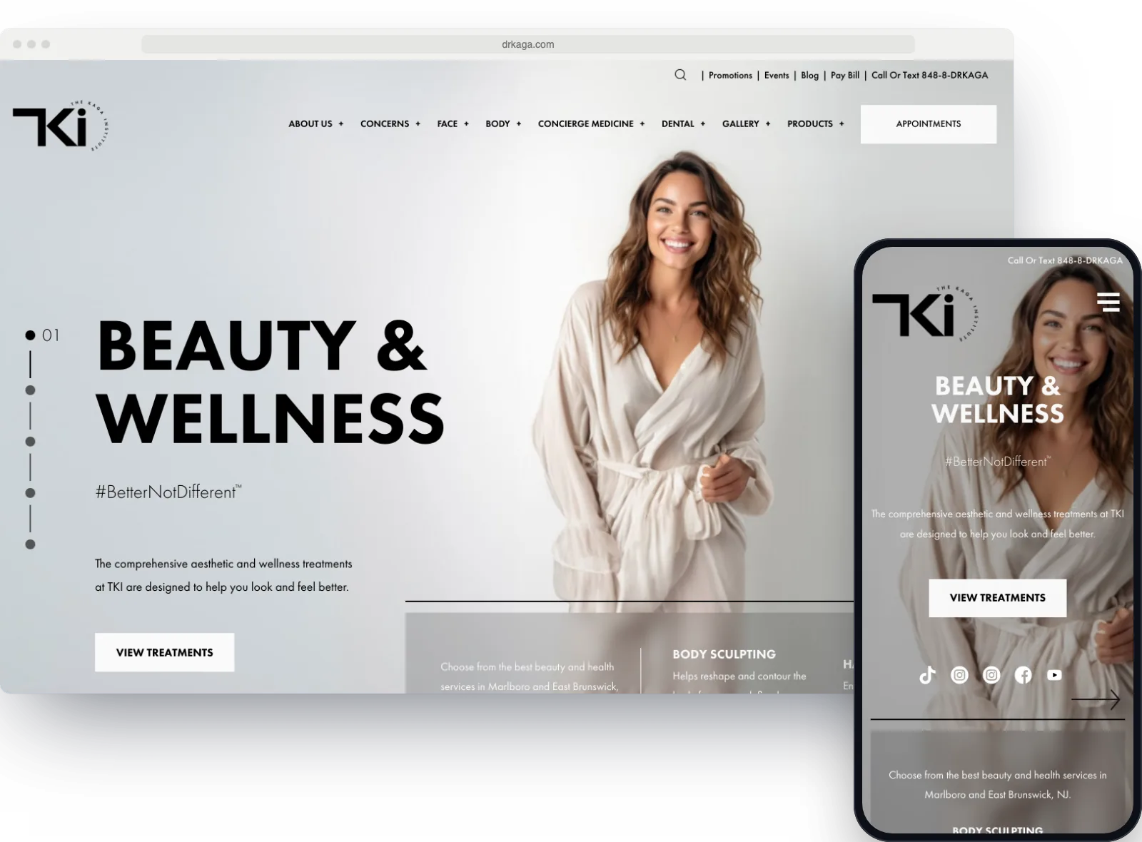 The Kaga Institute homepage on a desktop screen with the phone version beside it.