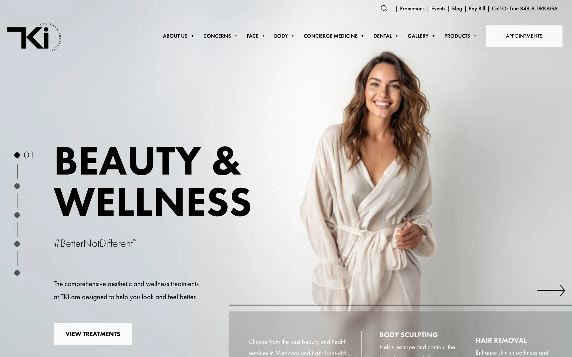 The Kaga Institute homepage: “Beauty & Wellness” beside a smiling woman in a soft robe.
