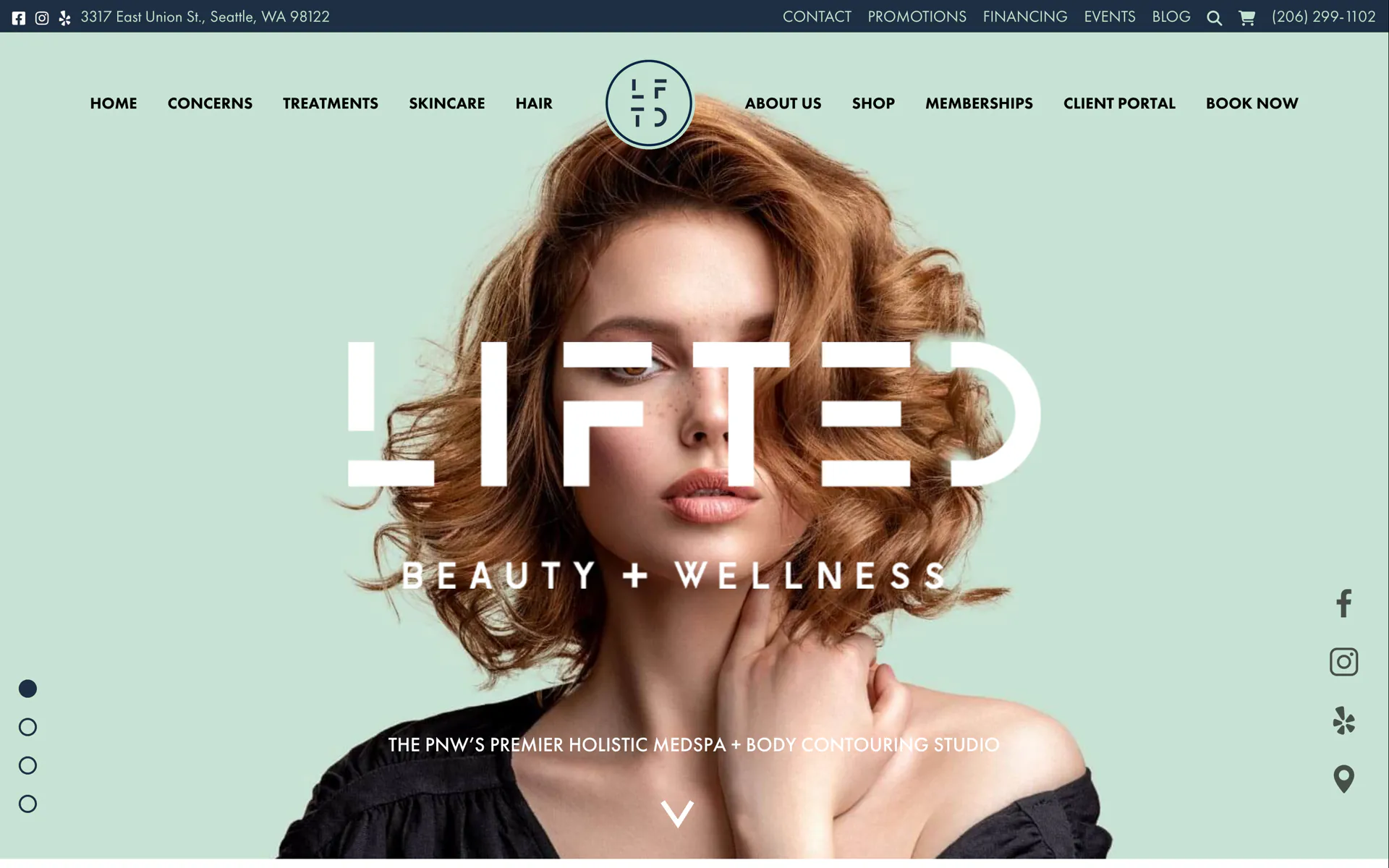 The Lifted Beauty + Wellness homepage: the LIFTED wordmark over a portrait, under the spa’s menu.
