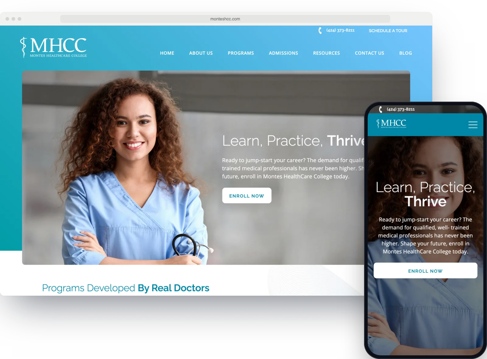 The Montes HealthCare College homepage on a desktop screen with the phone version beside it.