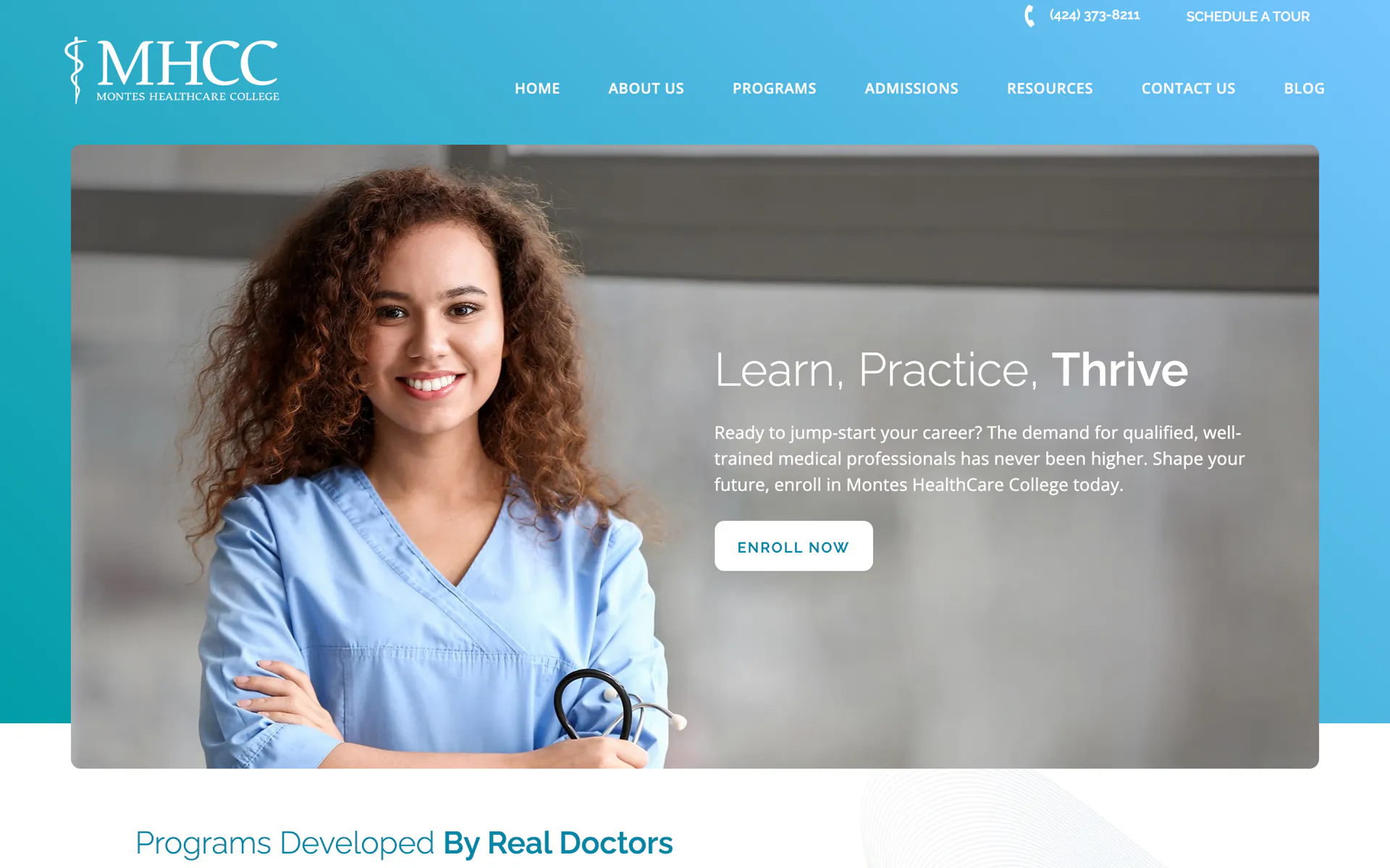 The Montes HealthCare College homepage: “Learn, Practice, Thrive” beside a smiling medical assistant in scrubs.