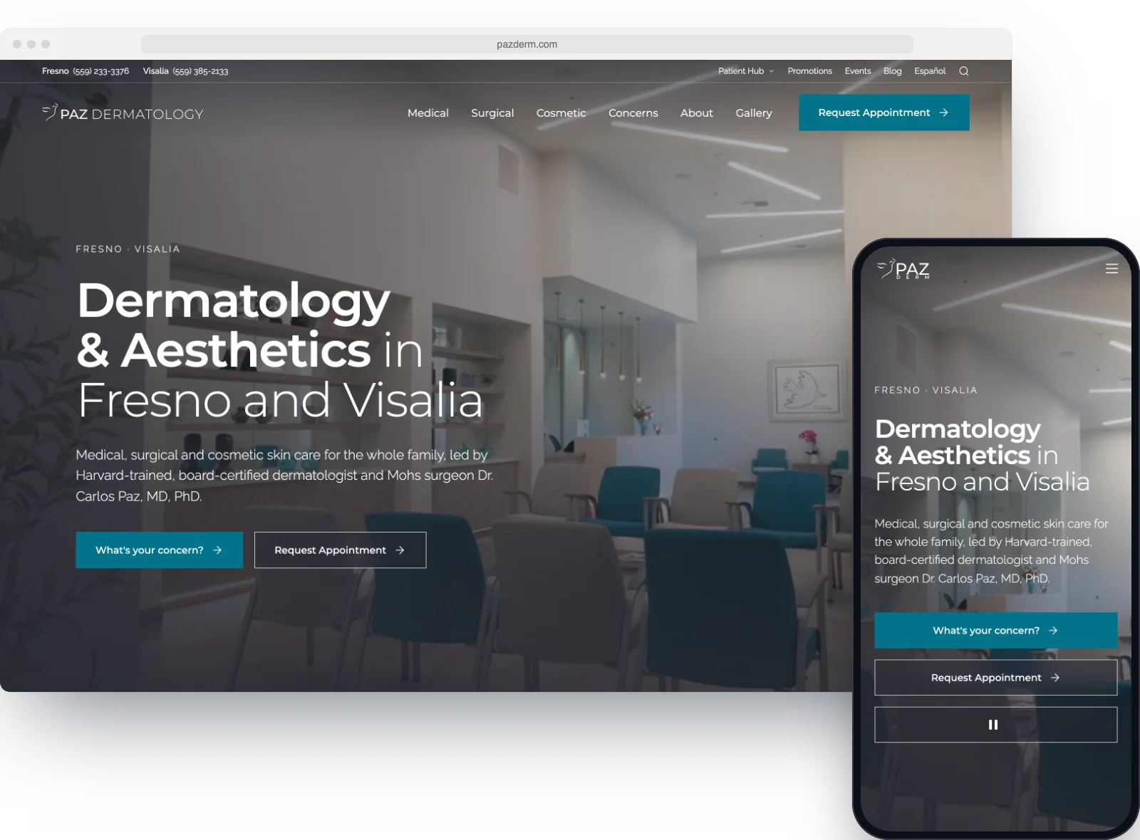 The Paz Dermatology site on a desktop screen with the phone version beside it.