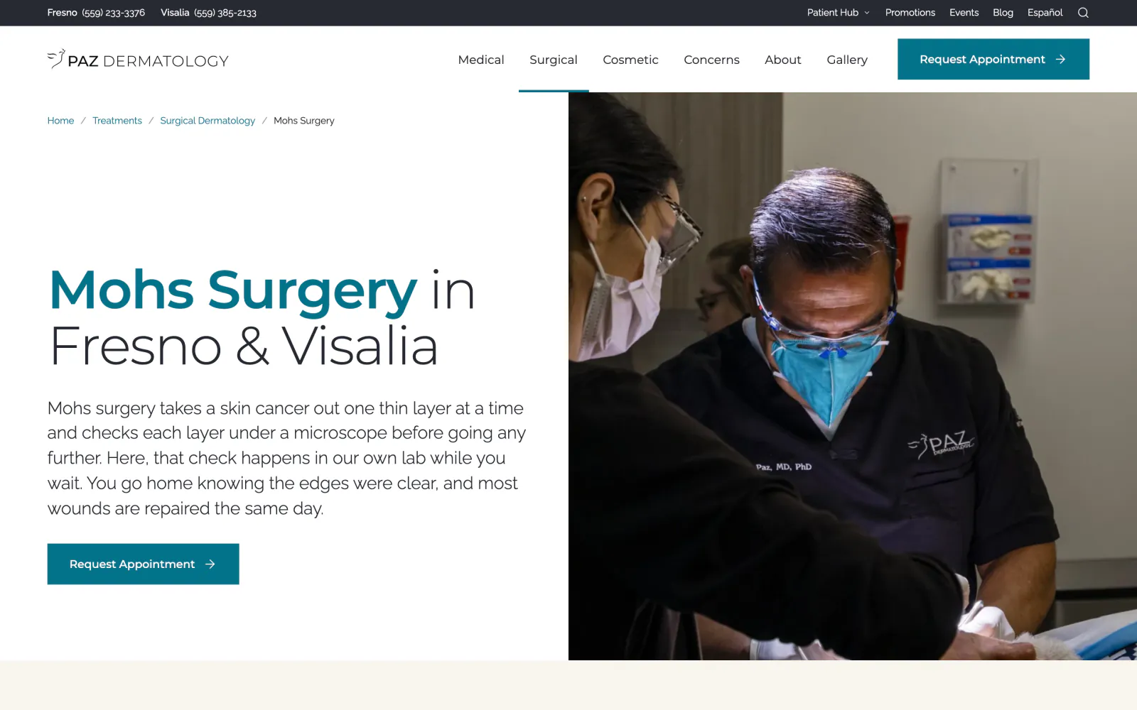 The Mohs surgery page: the title and a short plain-language description beside a photograph of the procedure.