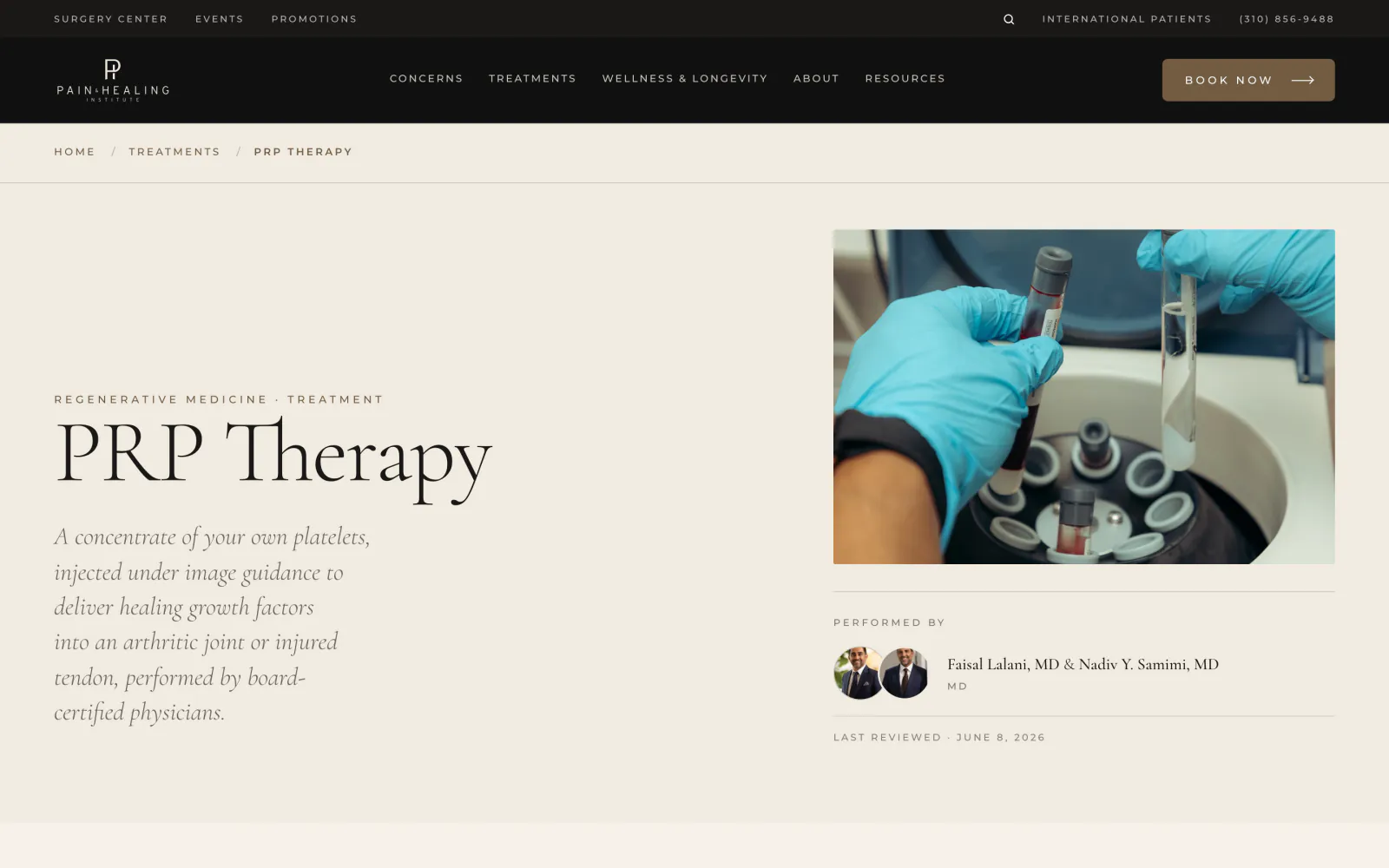 The PRP Therapy treatment page: the title and a short description beside a photograph of the centrifuge, with the physicians who perform it.