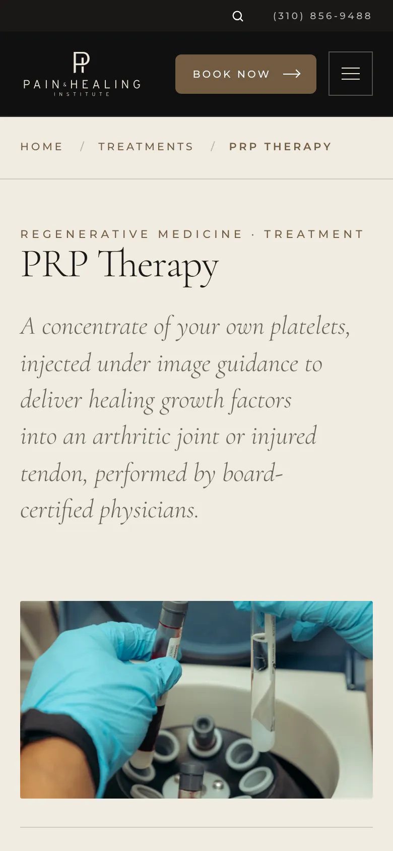 The PRP Therapy page on a phone.