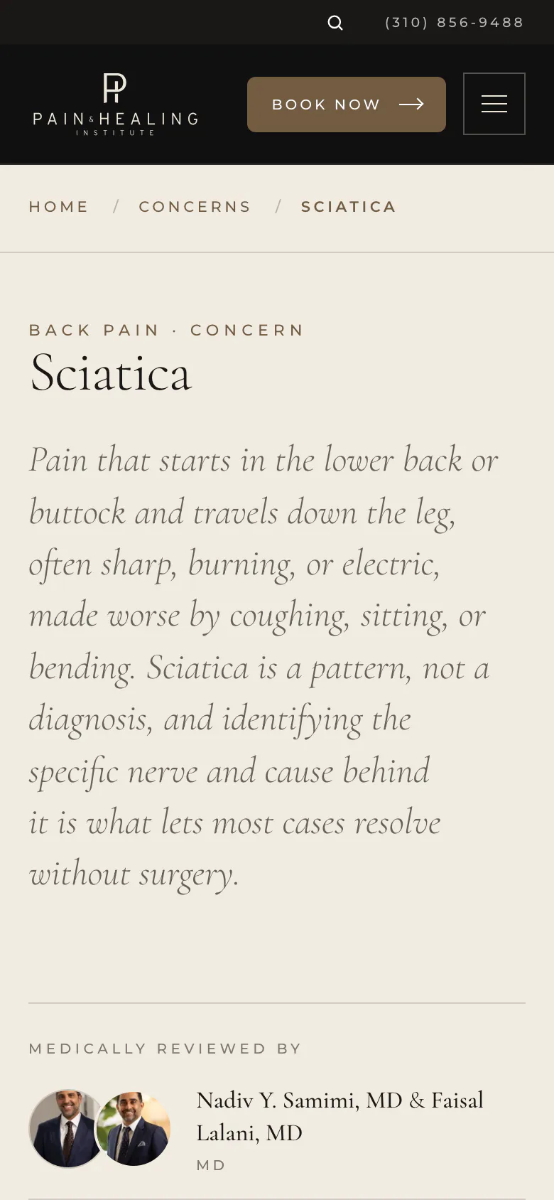 The Sciatica condition page on a phone.