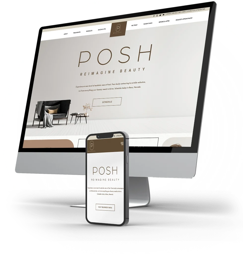 The Posh Medical homepage on a desktop screen with the phone version beside it.