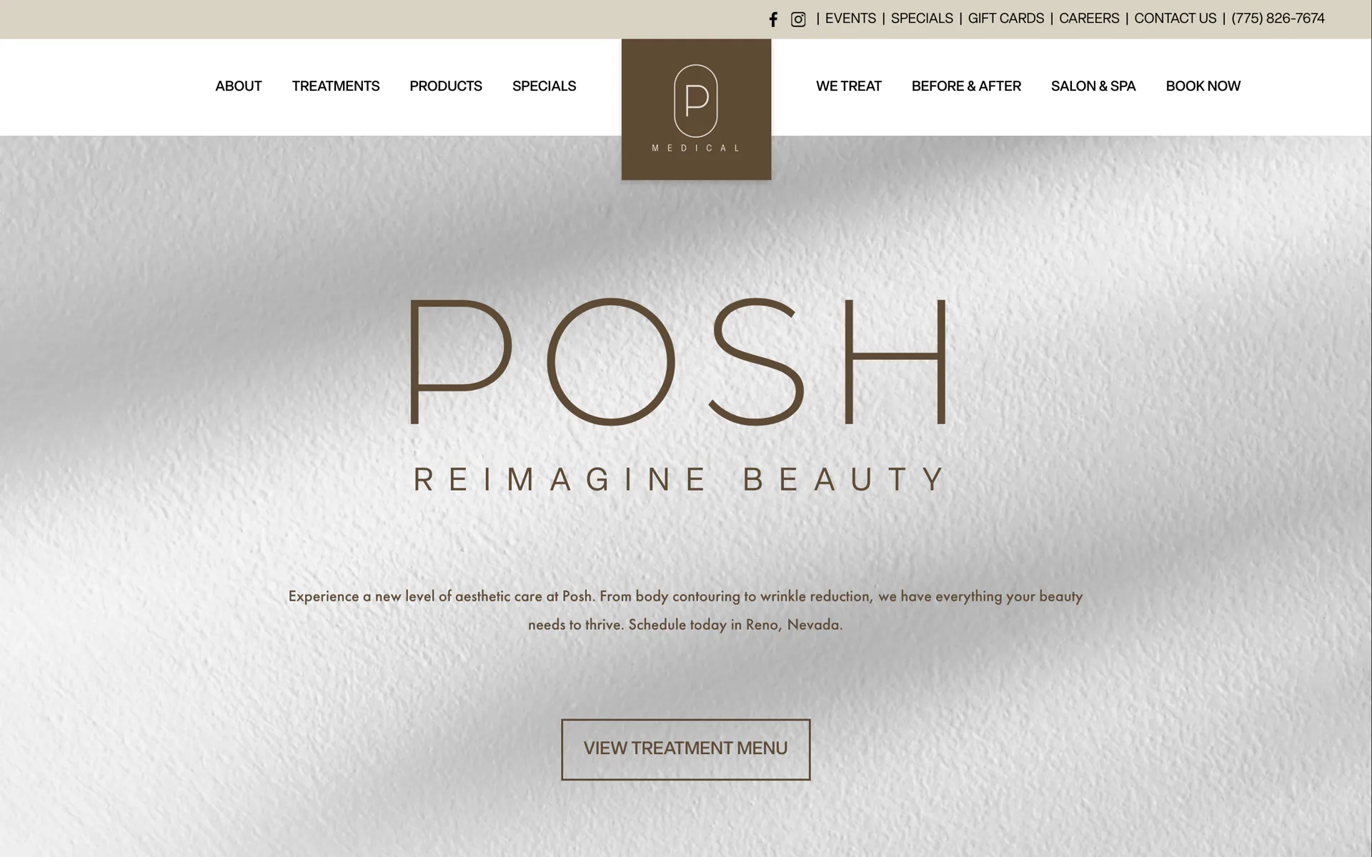The Posh Medical homepage: the POSH wordmark and Reimagine Beauty on soft gray.