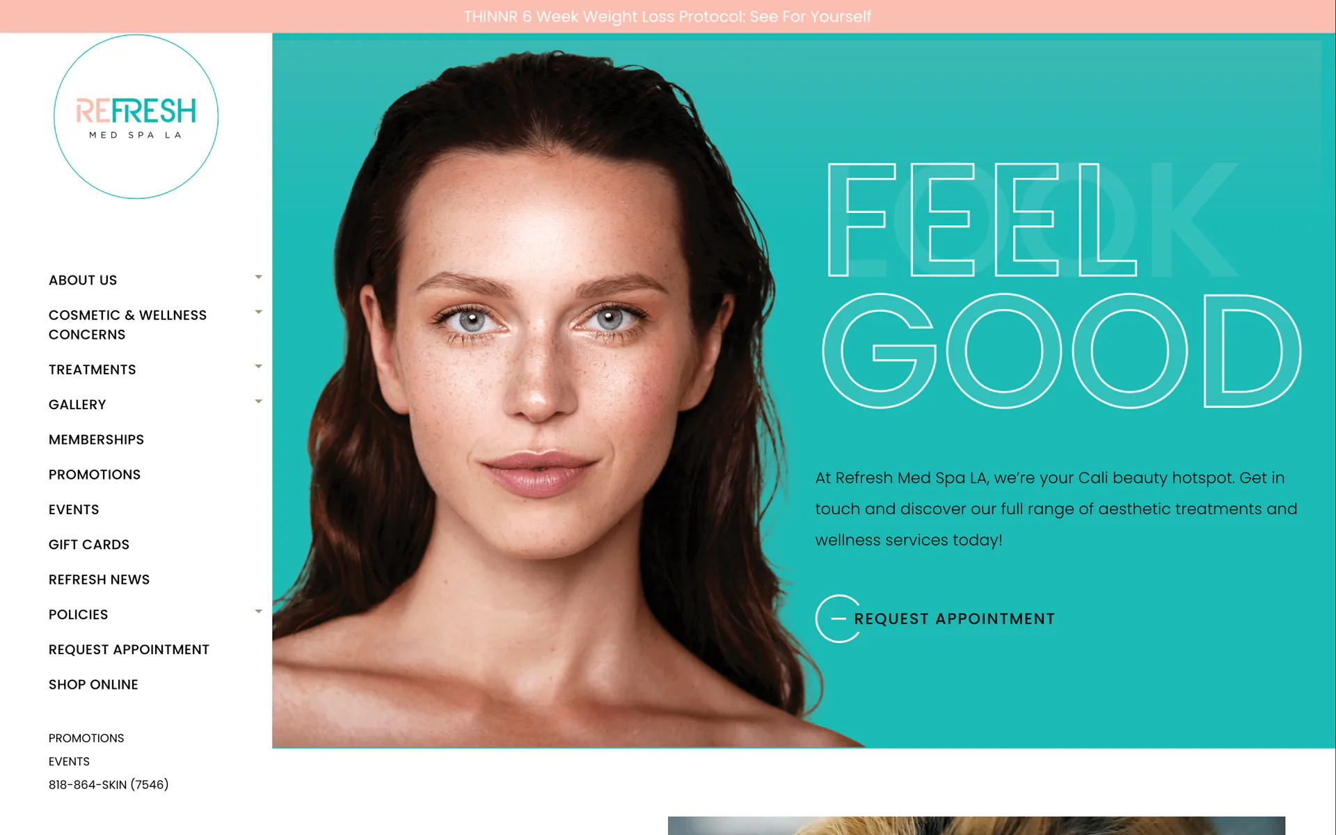 The Refresh Med Spa LA homepage: a portrait on bright teal under the words Feel Good.