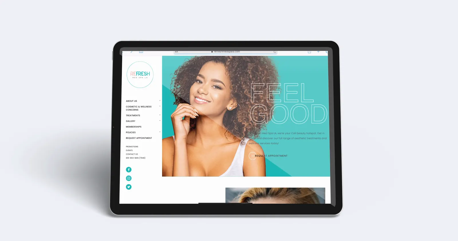 The Refresh Med Spa LA website playing on a tablet.