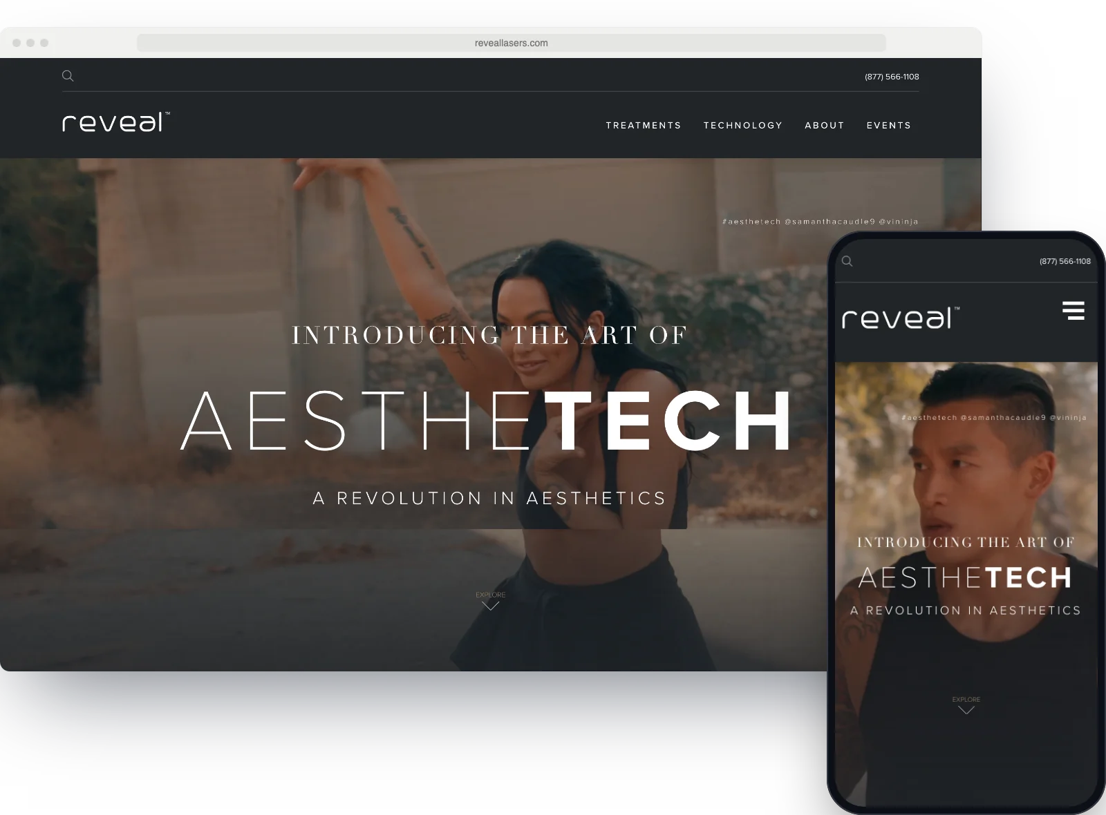 The Reveal Lasers homepage on a desktop screen with the phone version beside it.
