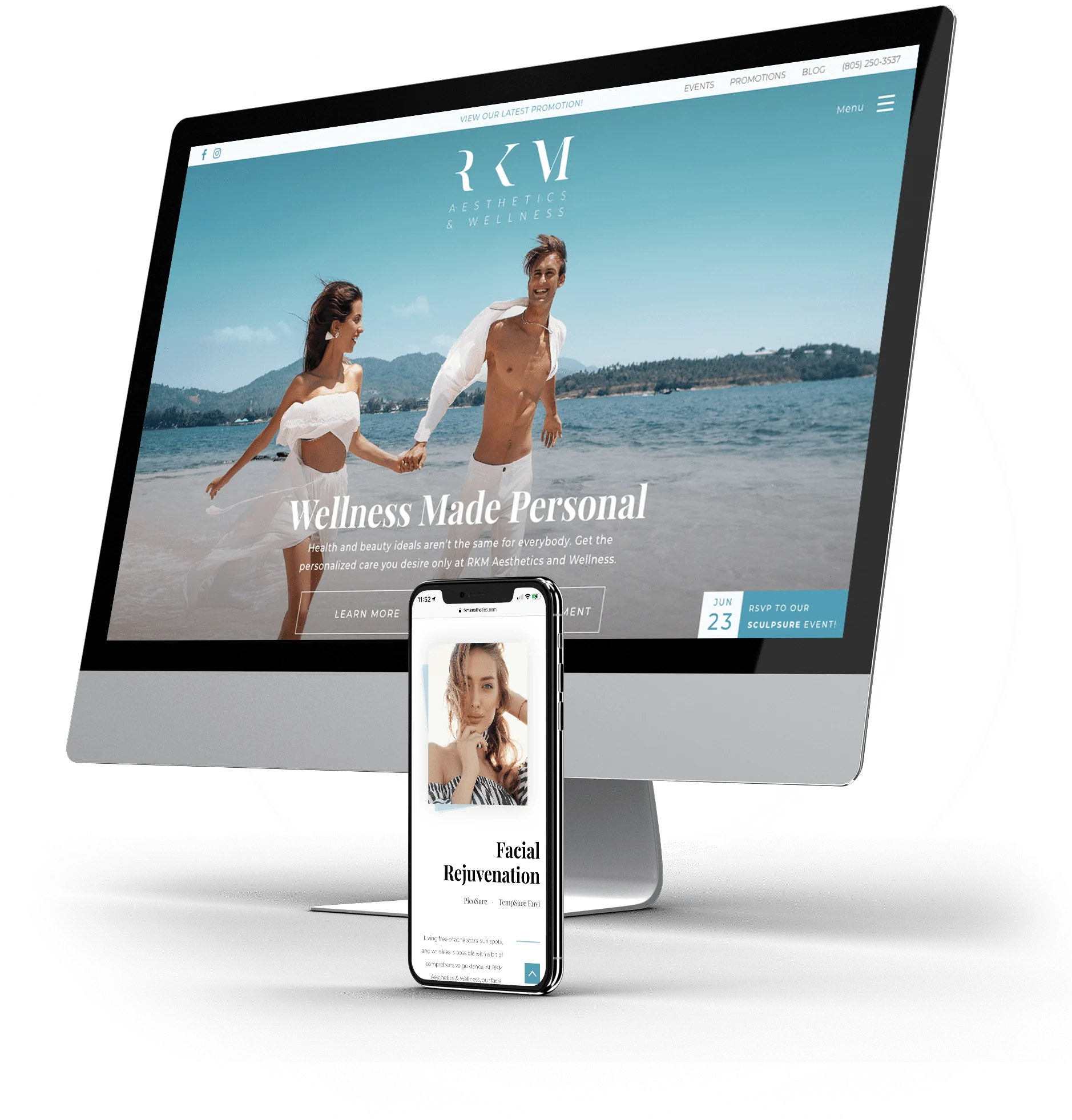 The RKM homepage on a desktop screen with the phone version beside it.