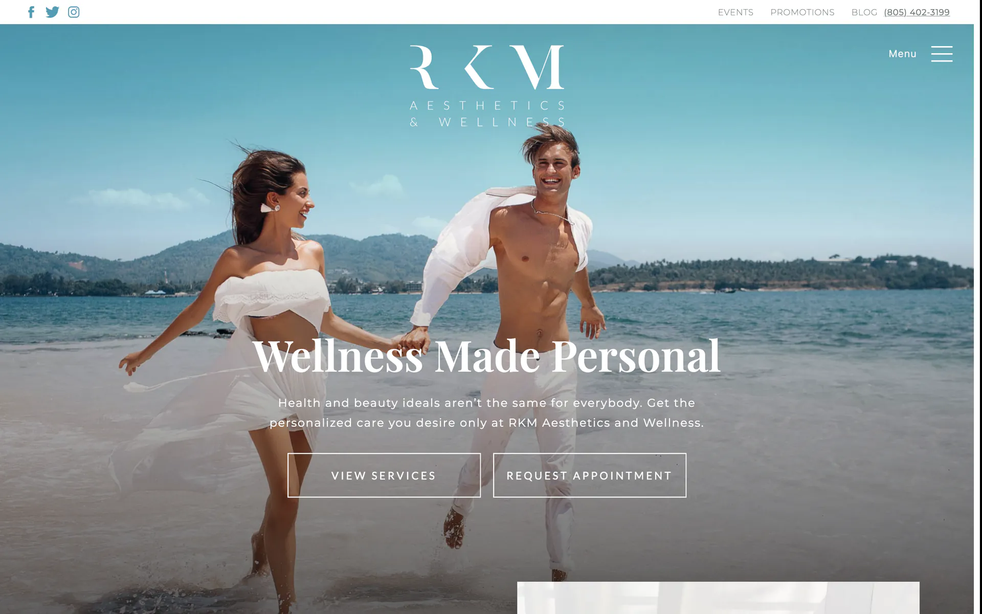 The RKM Aesthetics & Wellness homepage: an ocean-side portrait under the RKM monogram.