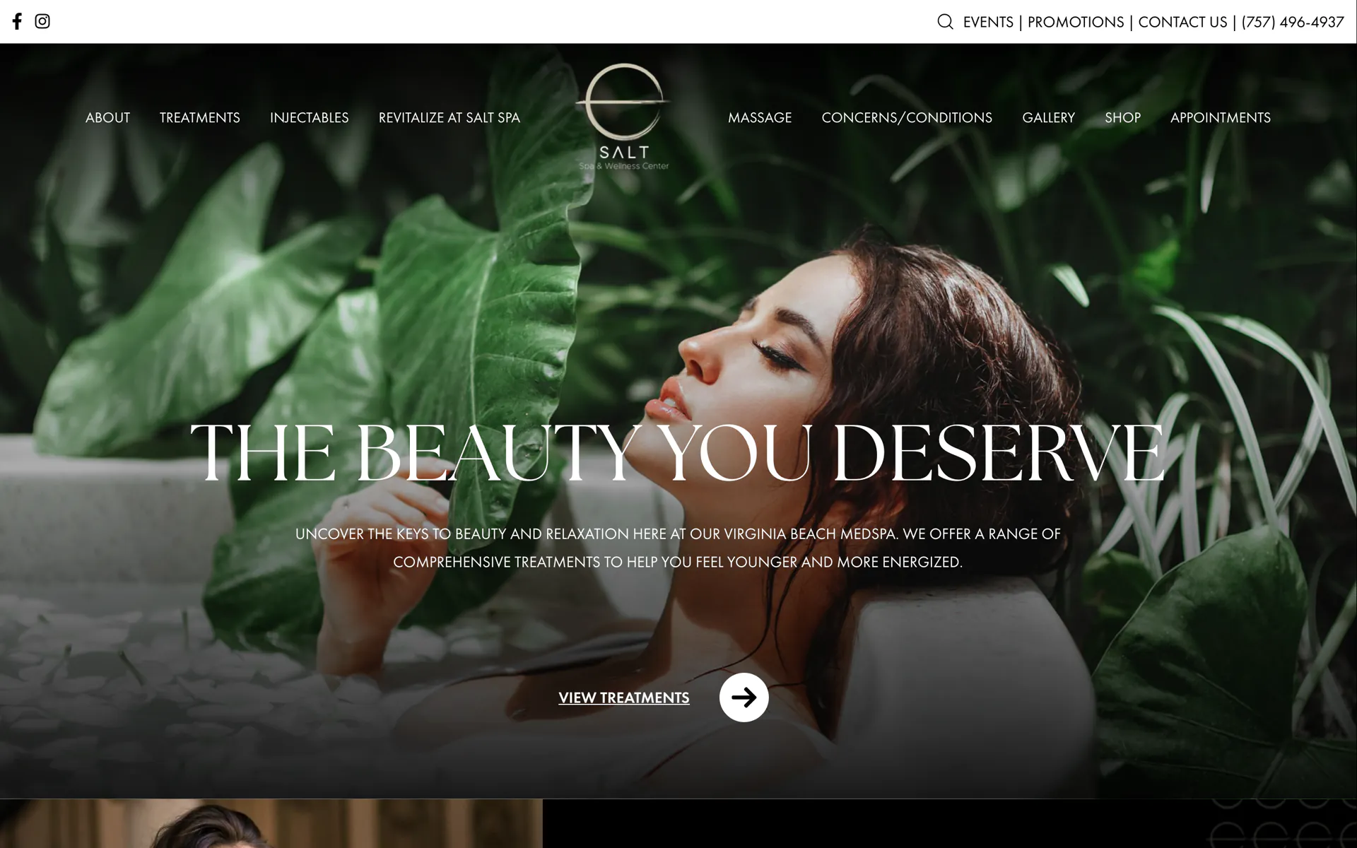The Salt Spa homepage: the Salt mark over deep green tropical leaves.