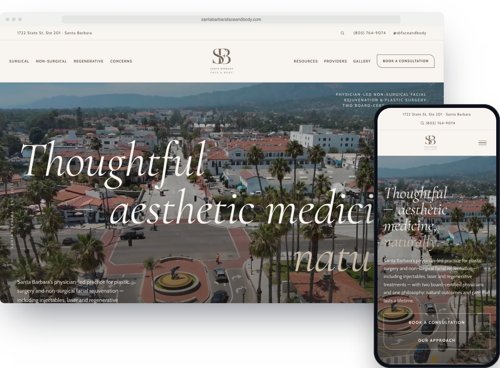 The Santa Barbara Face & Body homepage on a desktop screen with the phone version beside it.