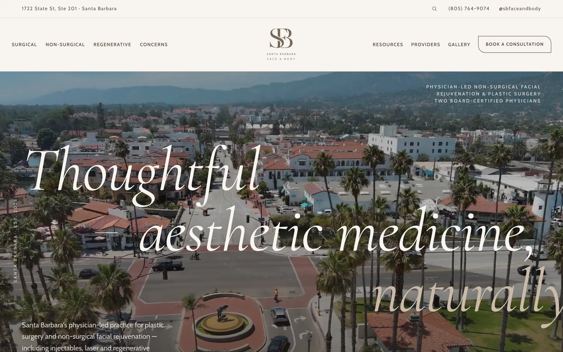The Santa Barbara Face & Body homepage: “Thoughtful aesthetic medicine, naturally” over an aerial view of Santa Barbara.