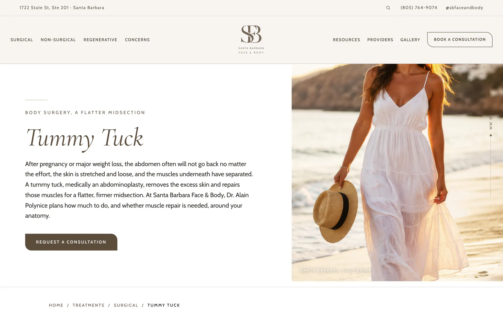 The Tummy Tuck treatment page: the title and a short description beside a photograph of a woman walking on the beach.